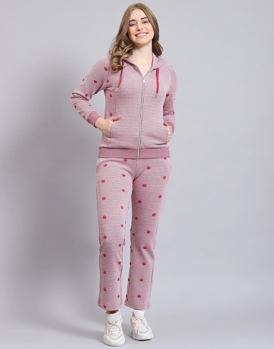Women Pink Self Design Hooded Full Sleeve Tracksuit - Image 4