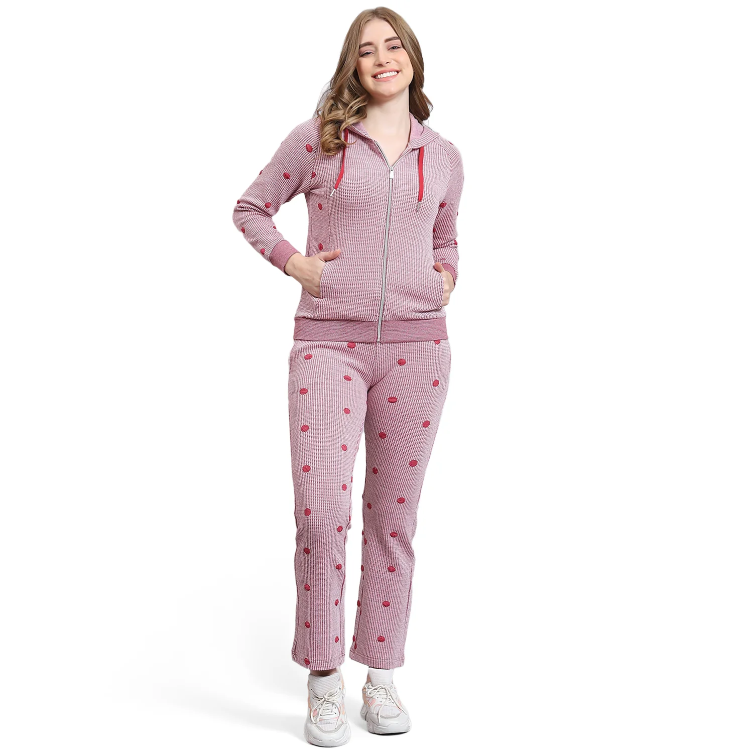 Women Pink Self Design Hooded Full Sleeve Tracksuit - Image 7
