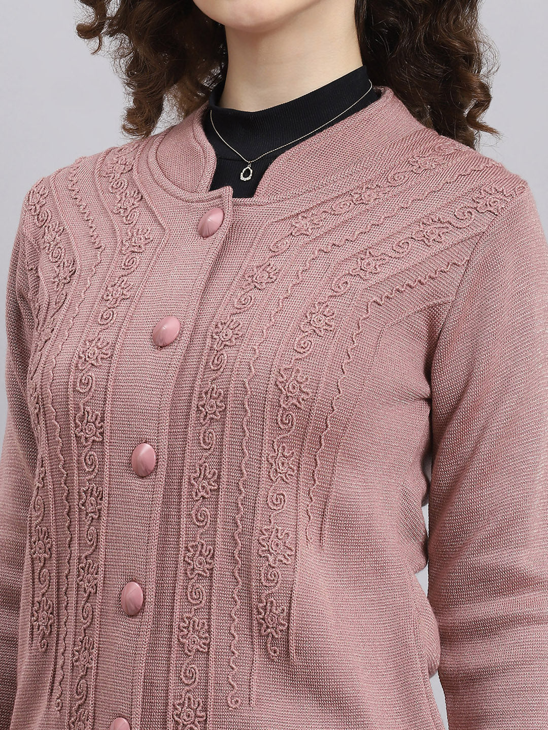 Women Pink Self Design Mandarin Collar Full Sleeve Coat - Image 2