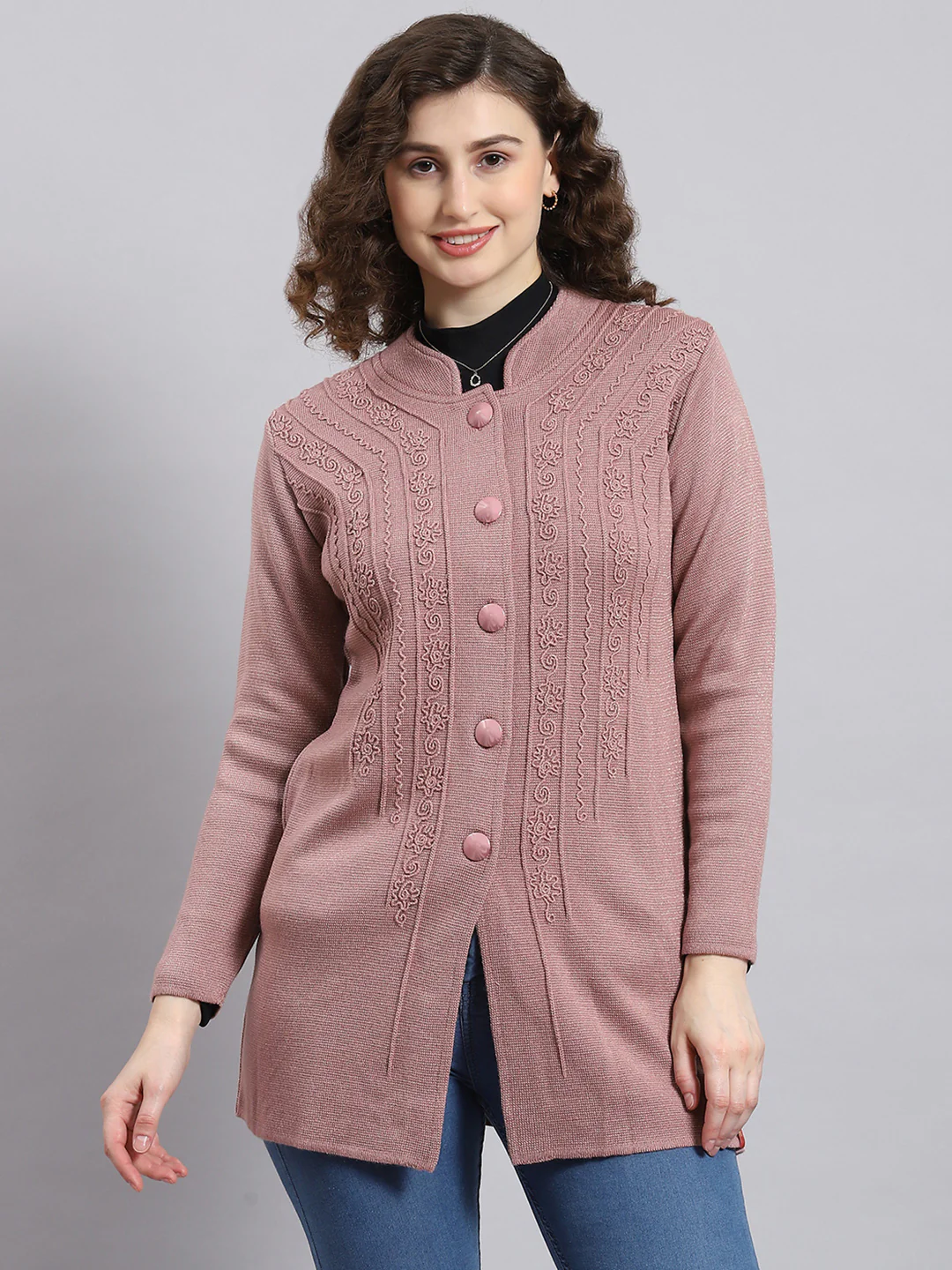 Women Pink Self Design Mandarin Collar Full Sleeve Coat - Image 6