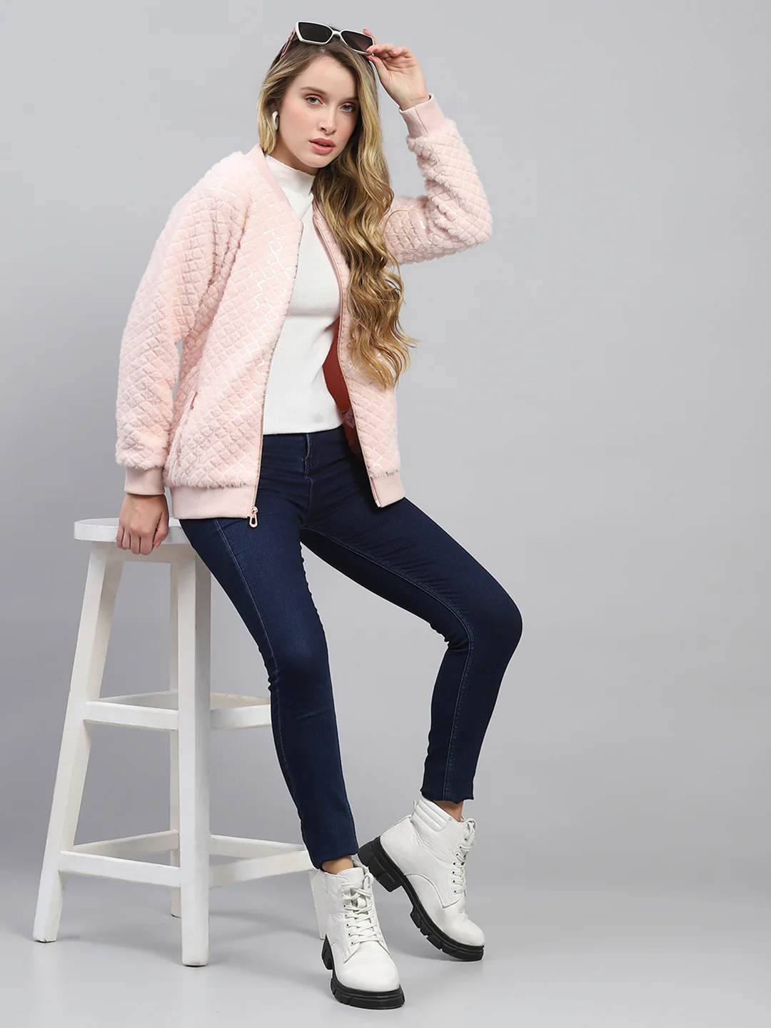 Women Pink Self Design Mock Neck Full Sleeve Sweatshirt - Image 2