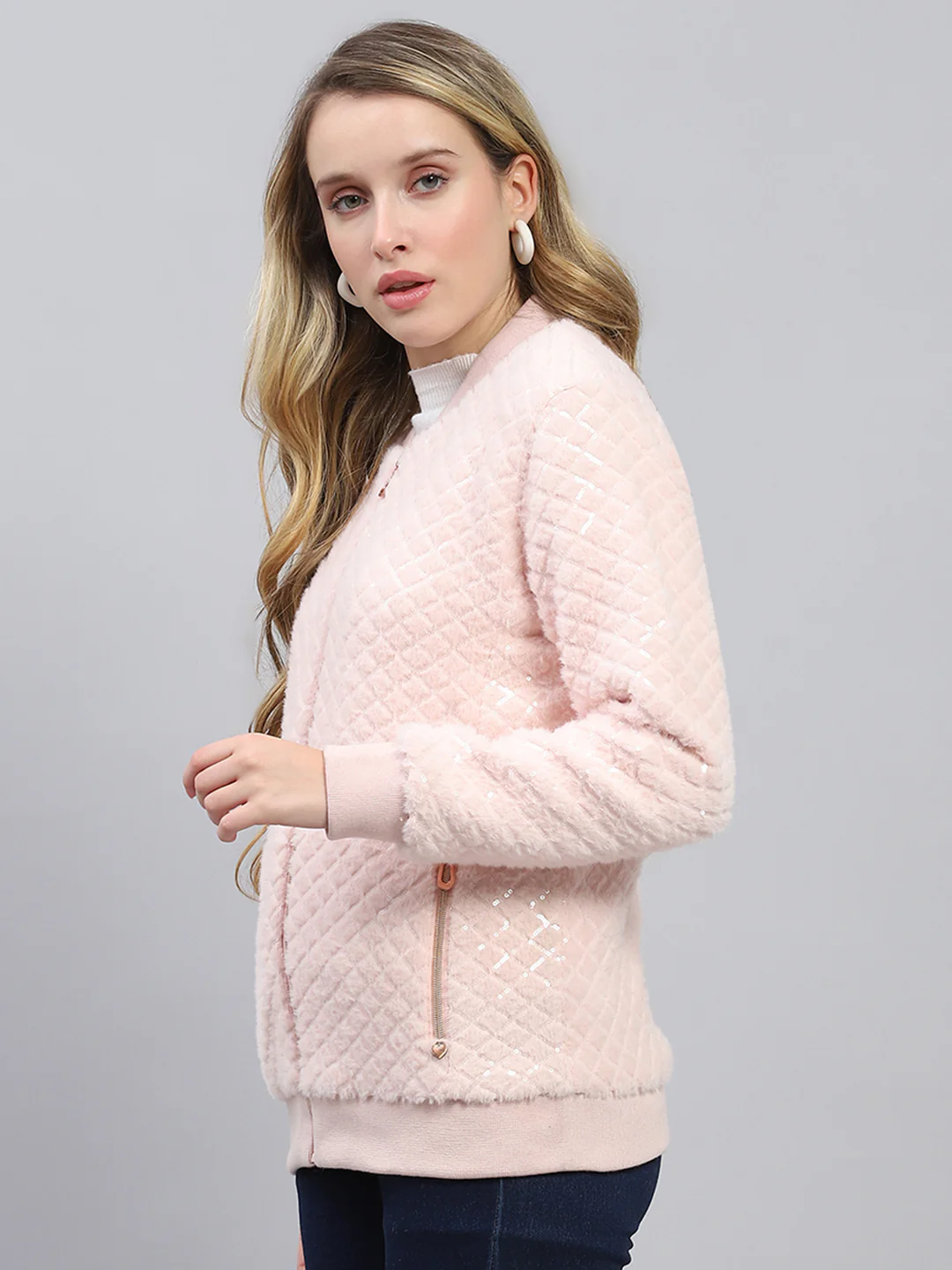 Women Pink Self Design Mock Neck Full Sleeve Sweatshirt - Image 3