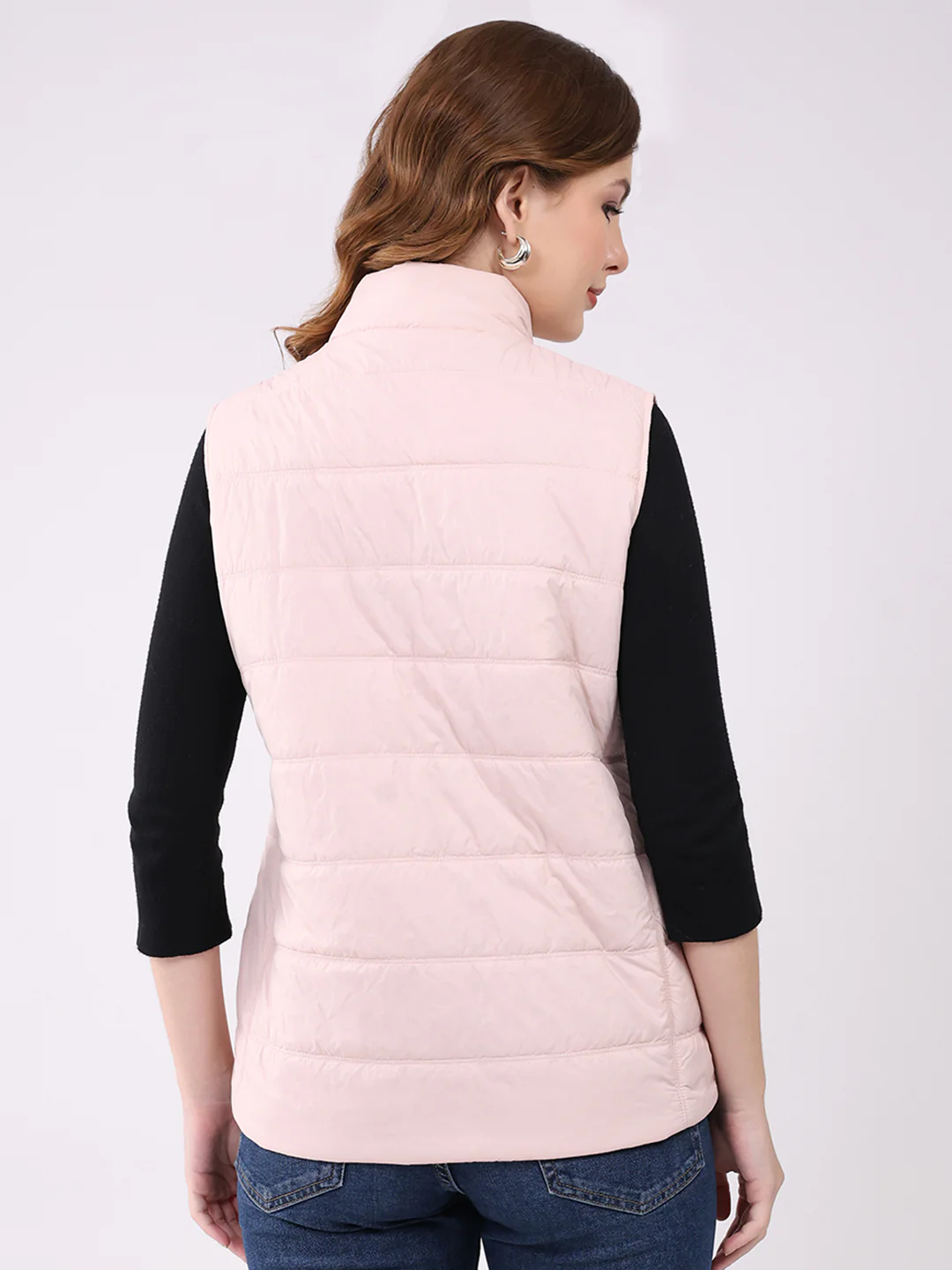 Women Pink Self Design Mock Neck Sleeveless Jacket - Image 5