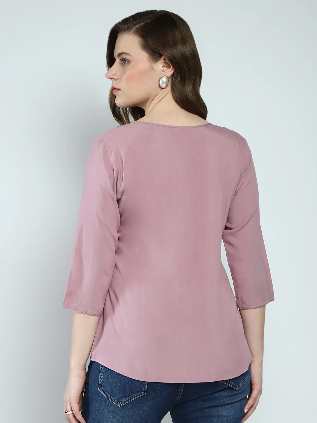 Women Pink Self Design Round Neck 3/4th Sleeve Top - Image 5