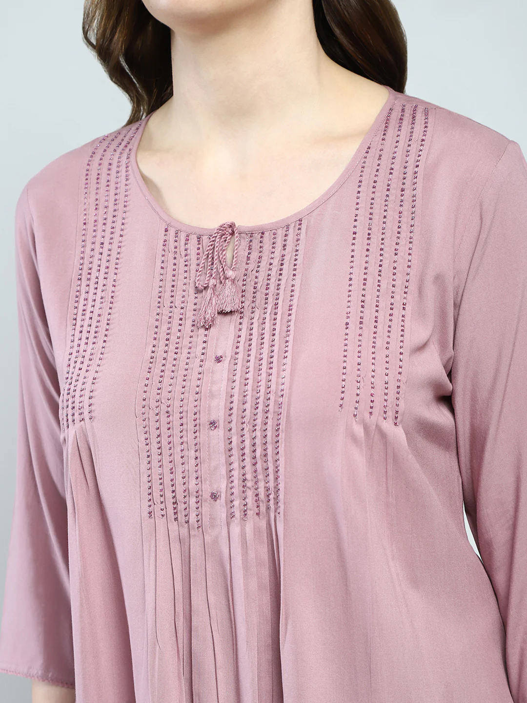 Women Pink Self Design Round Neck 3/4th Sleeve Top - Image 6
