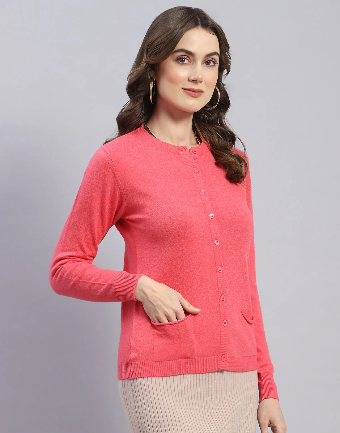 Women Pink Self Design Round Neck Full Sleeve Cardigan - Image 4