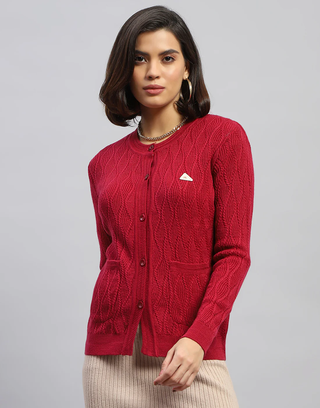 Women Pink Self Design Round Neck Full Sleeve Cardigan - Image 2