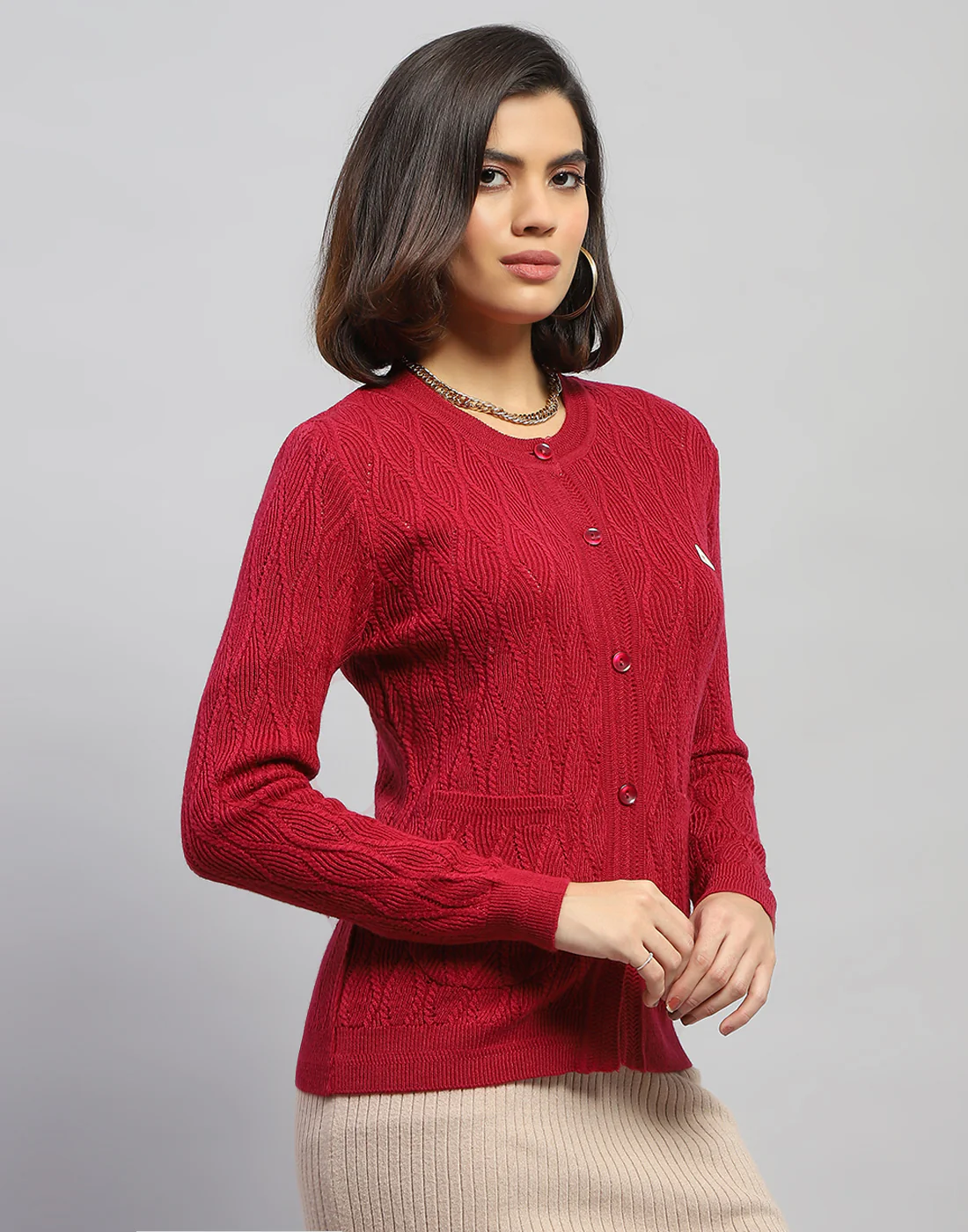 Women Pink Self Design Round Neck Full Sleeve Cardigan - Image 4