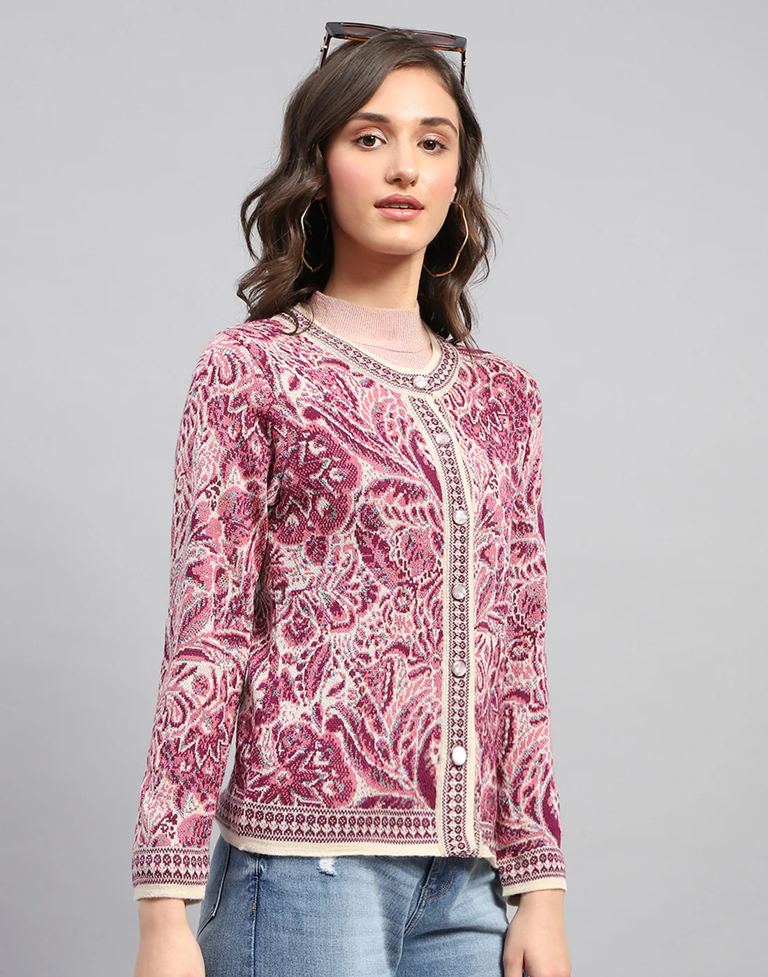 Women Pink Self Design Round Neck Full Sleeve Cardigan - Image 4