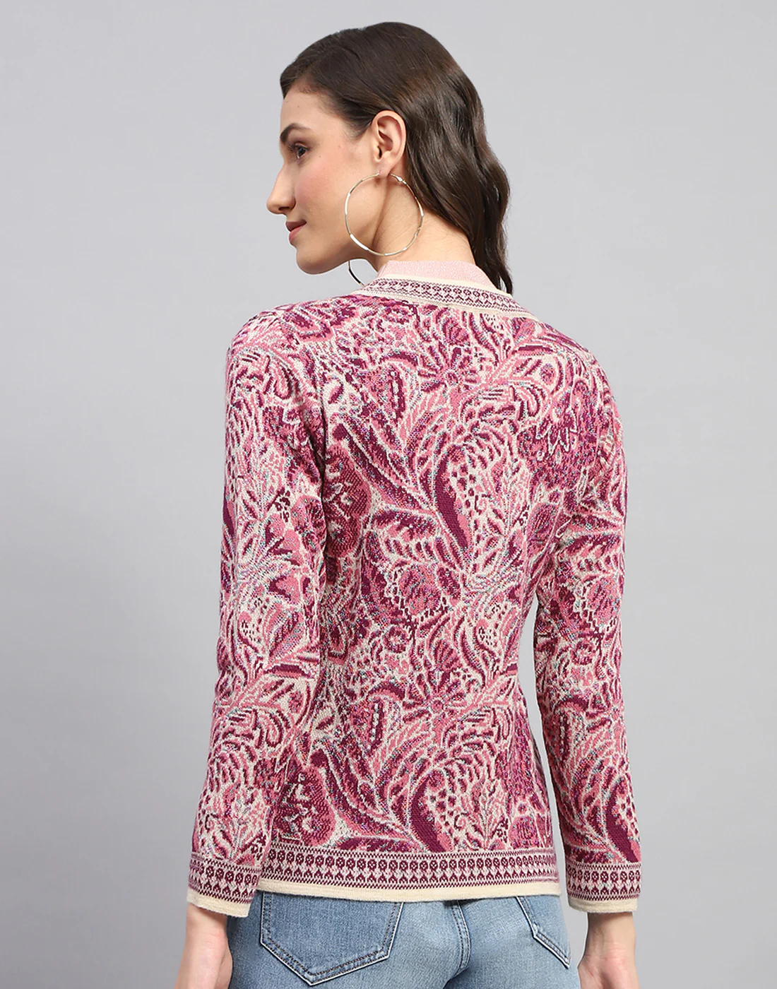 Women Pink Self Design Round Neck Full Sleeve Cardigan - Image 5