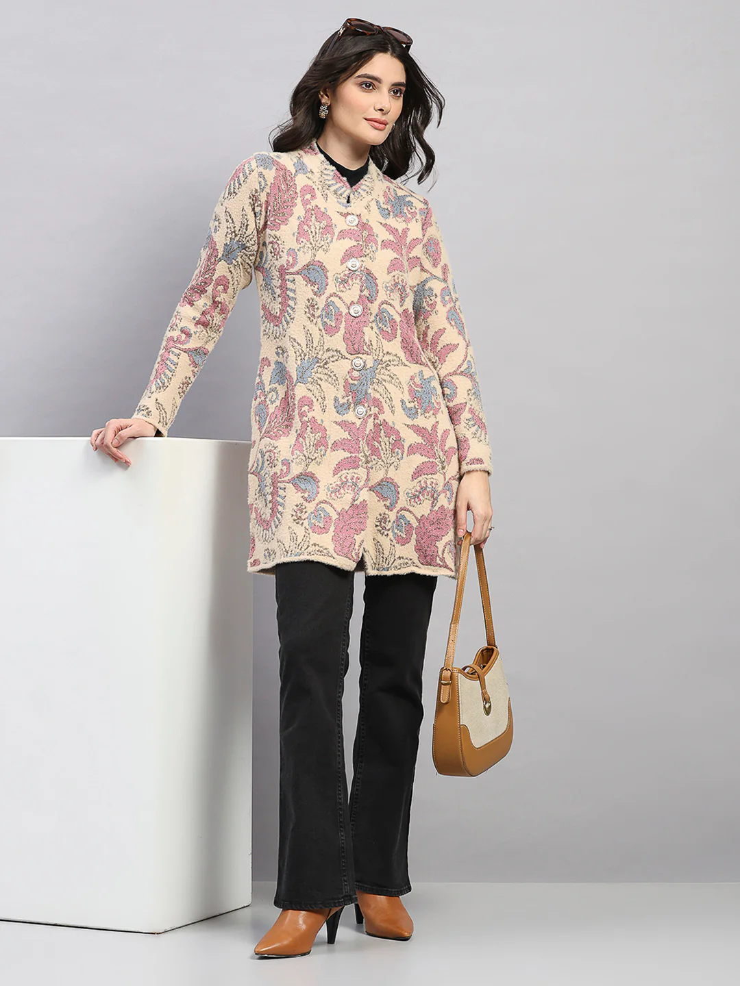 Women Pink Self Design Round Neck Full Sleeve Knitted Coat - Image 2