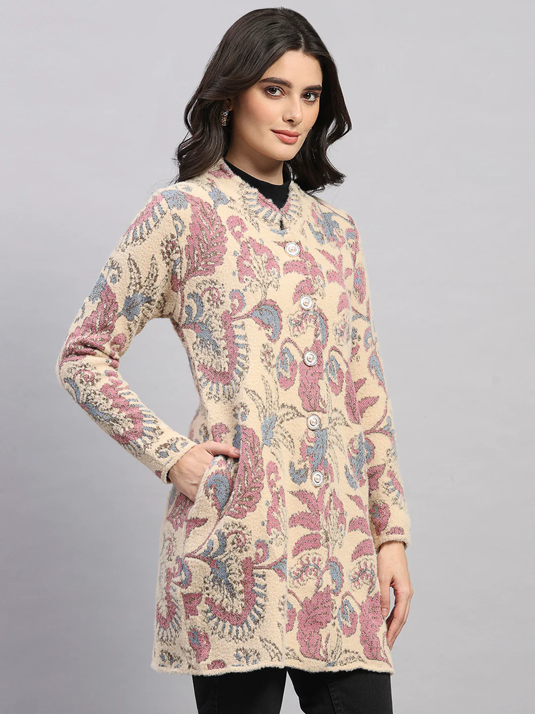 Women Pink Self Design Round Neck Full Sleeve Knitted Coat - Image 4