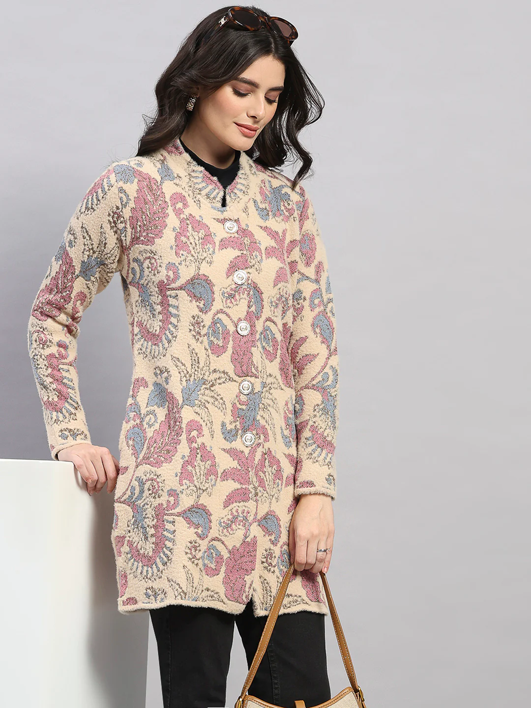 Women Pink Self Design Round Neck Full Sleeve Knitted Coat - Image 6
