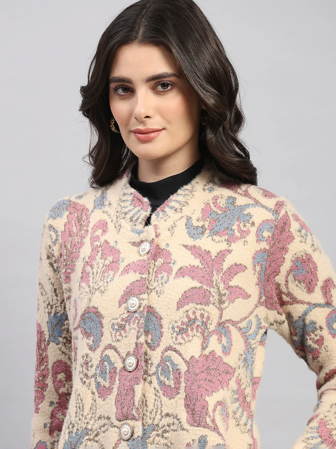 Women Pink Self Design Round Neck Full Sleeve Knitted Coat - Image 7
