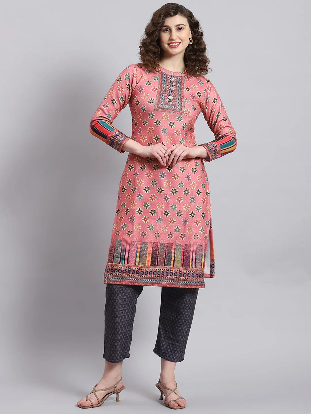 Women Pink Self Design Round Neck Full Sleeve Kurtis Set - Image 5