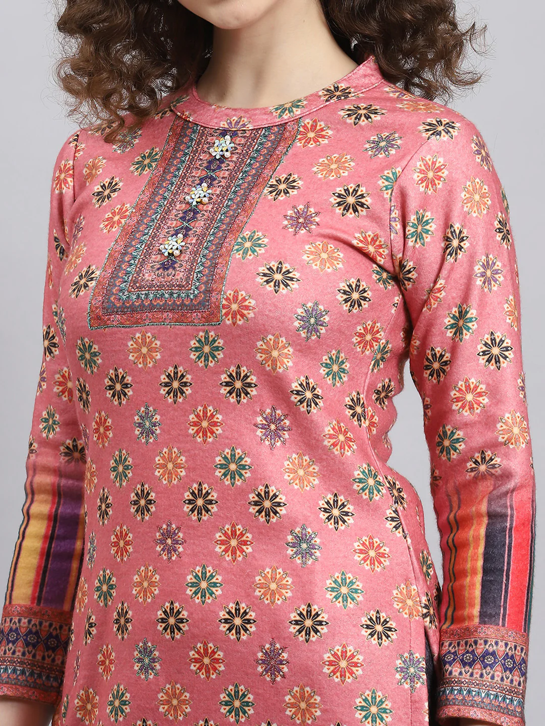 Women Pink Self Design Round Neck Full Sleeve Kurtis Set - Image 6