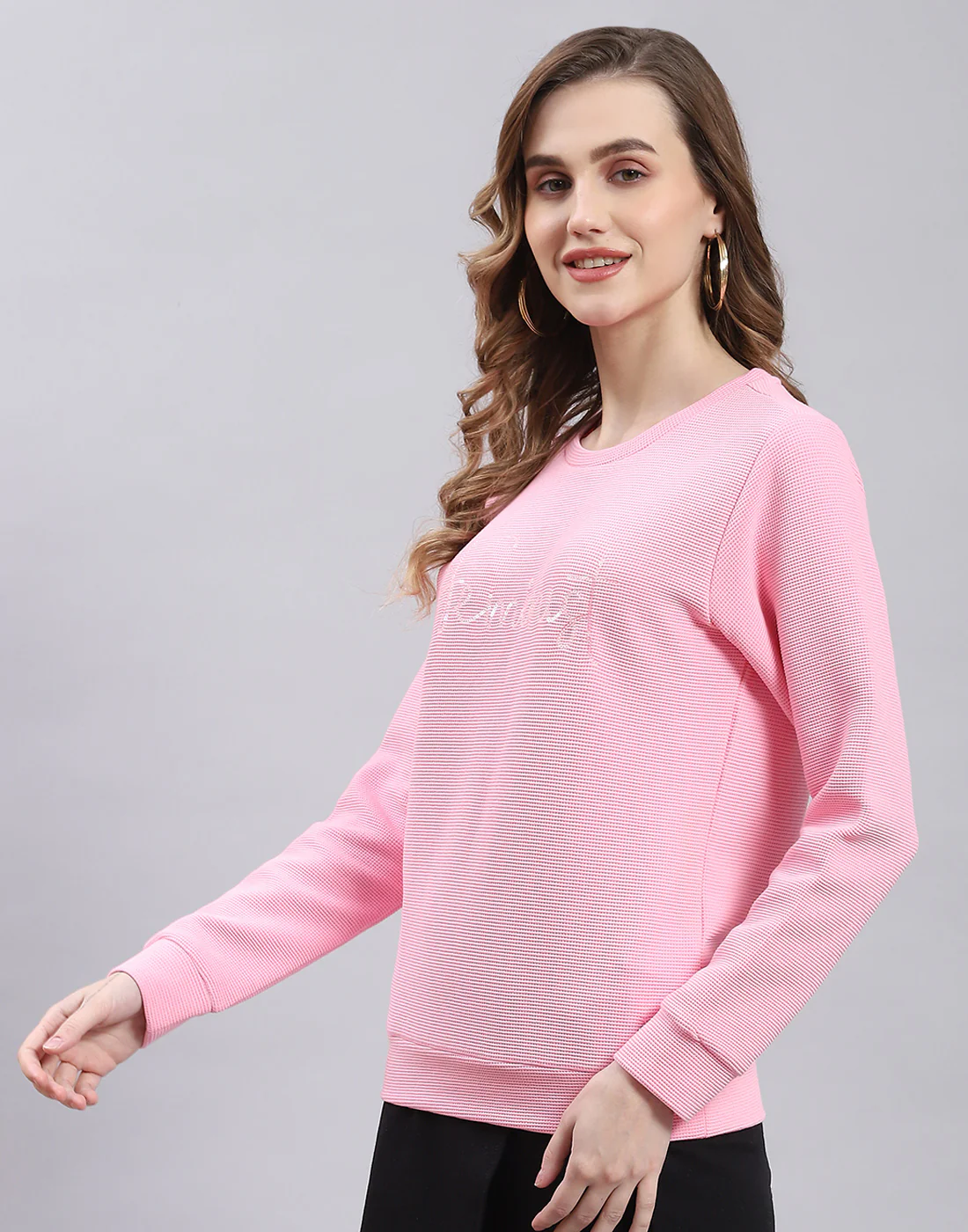 Women Pink Self Design Round Neck Full Sleeve Sweatshirt - Image 4