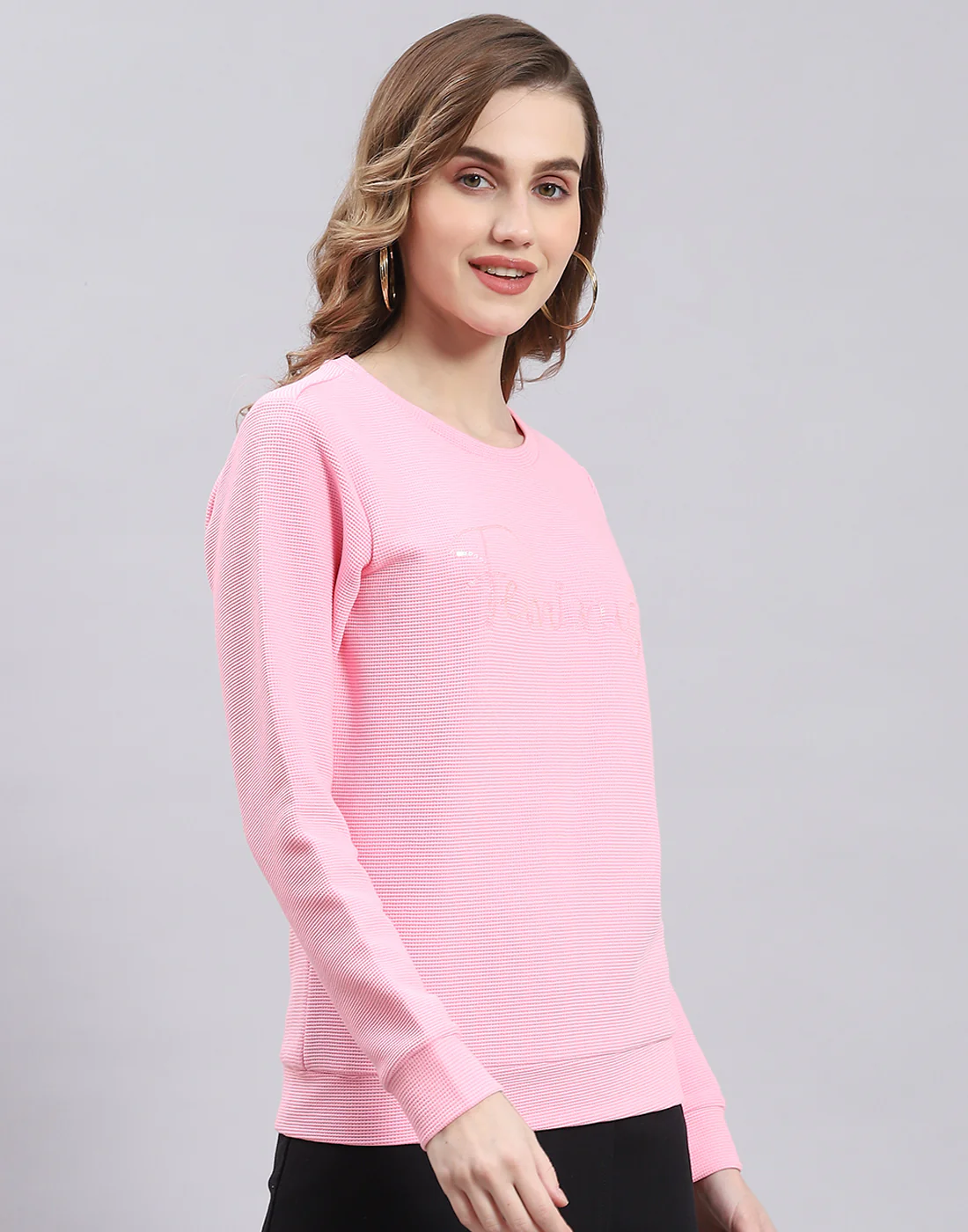 Women Pink Self Design Round Neck Full Sleeve Sweatshirt - Image 5