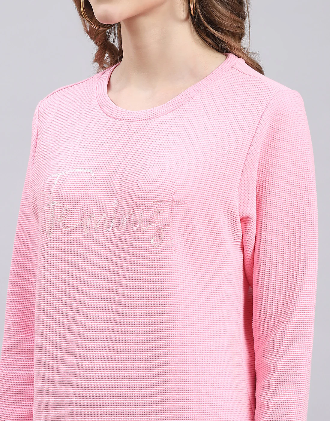 Women Pink Self Design Round Neck Full Sleeve Sweatshirt - Image 7