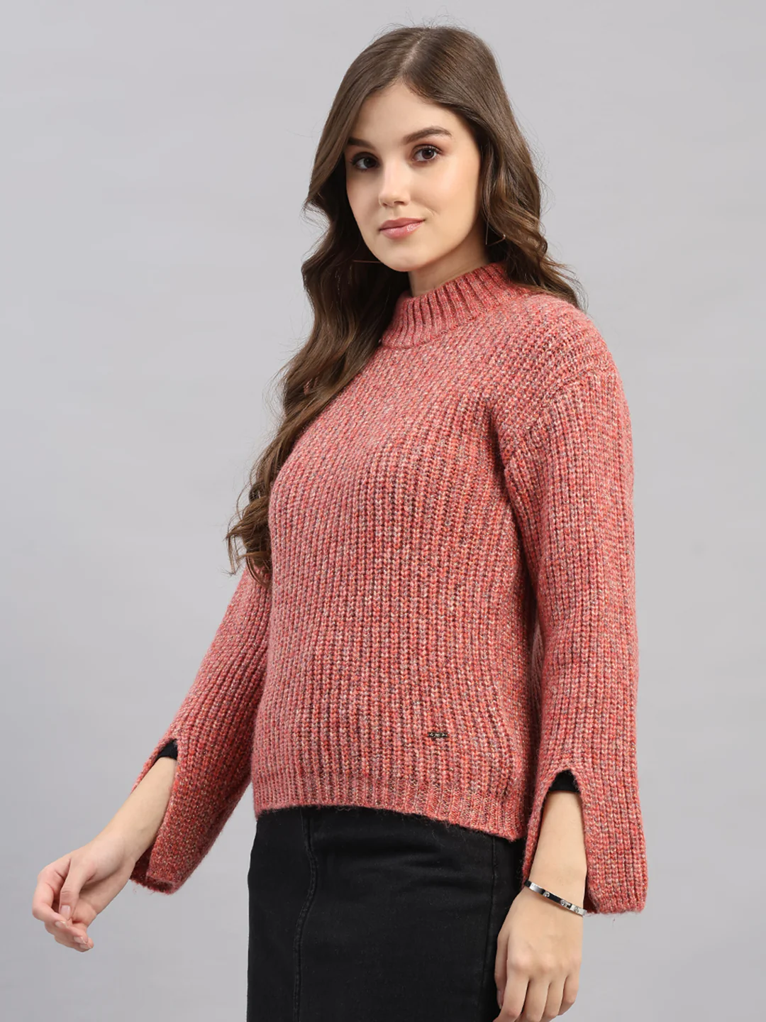 Women Pink Self Design Round Neck Full Sleeve Winter Top - Image 3