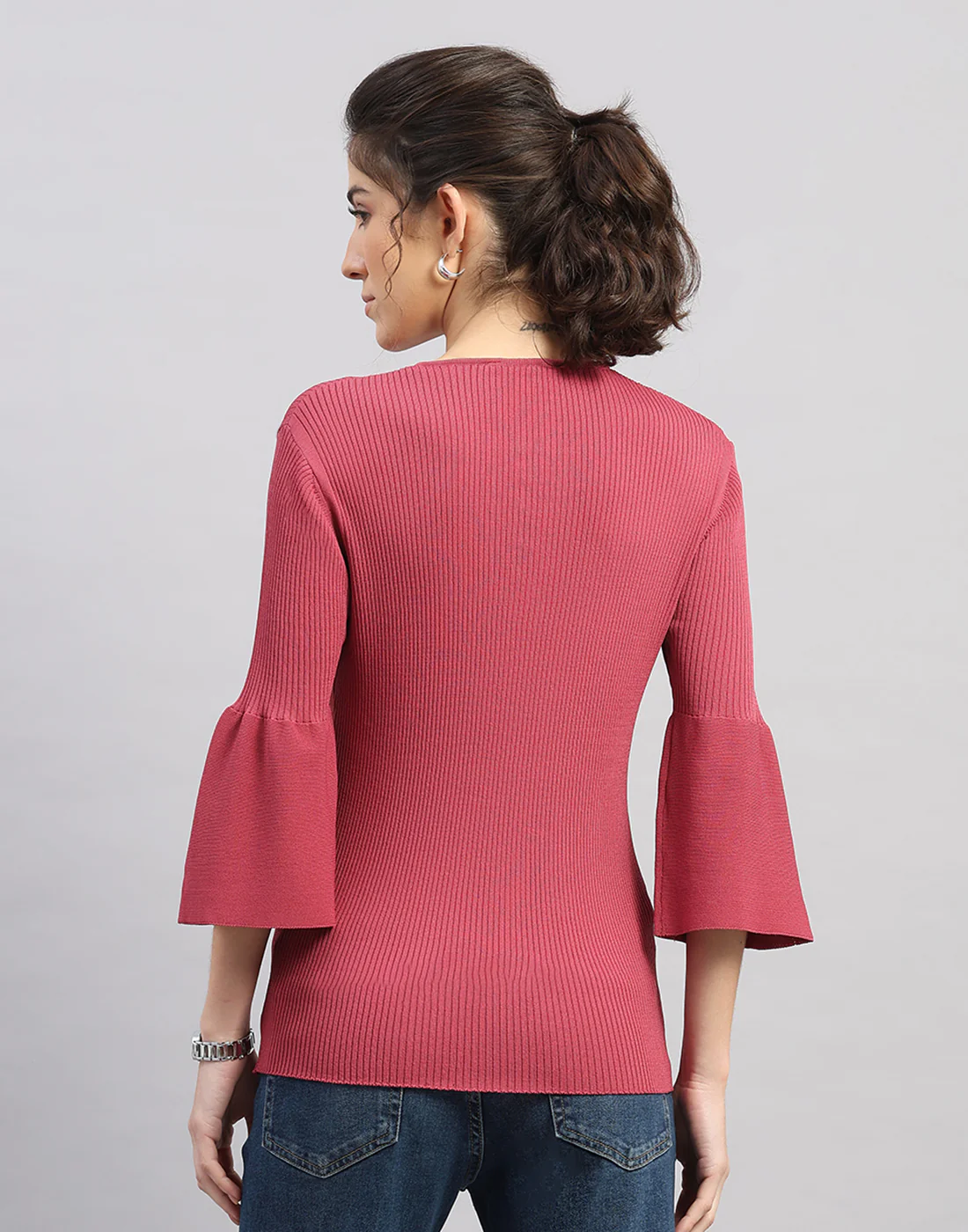 Women Pink Self Design Round Neck Full Sleeve Winter Top - Image 4