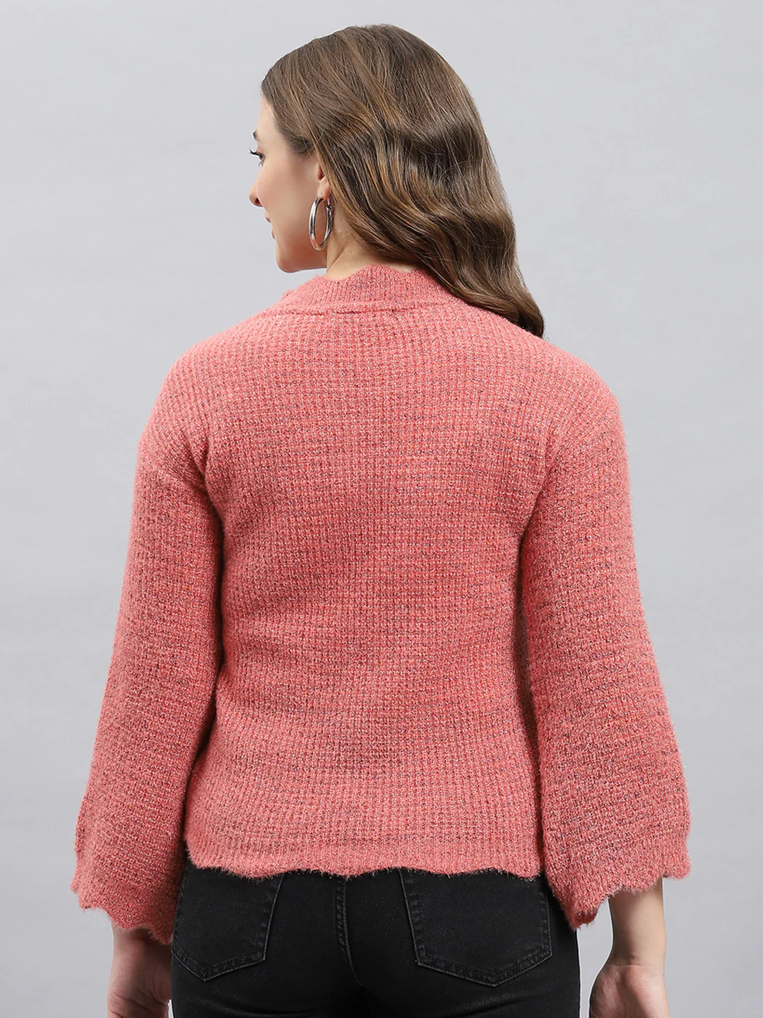 Women Pink Self Design Round Neck Full Sleeve Winter Tops - Image 5