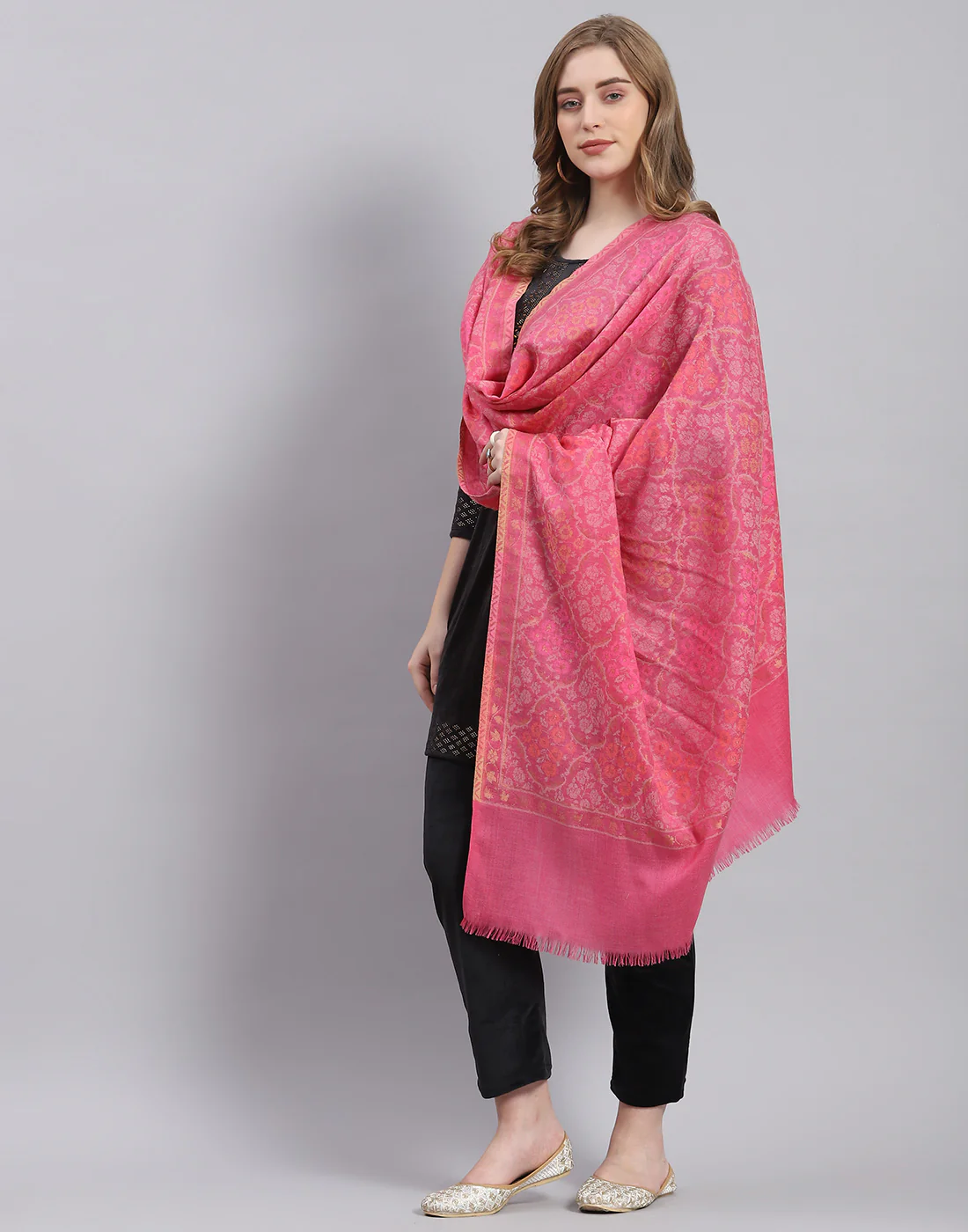 Women Pink Self Design Shawl - Image 4