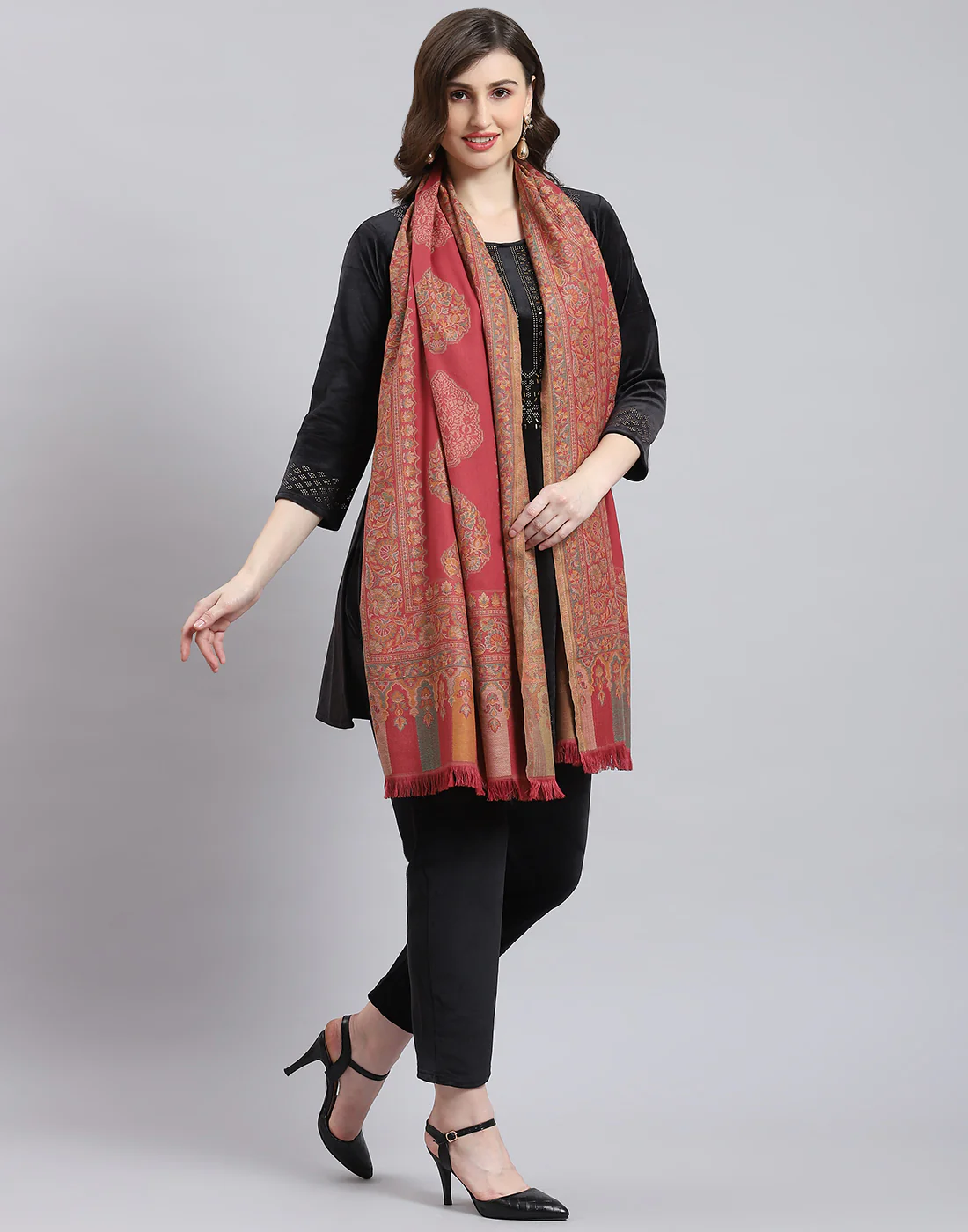 Women Pink Self Design Stole - Image 4