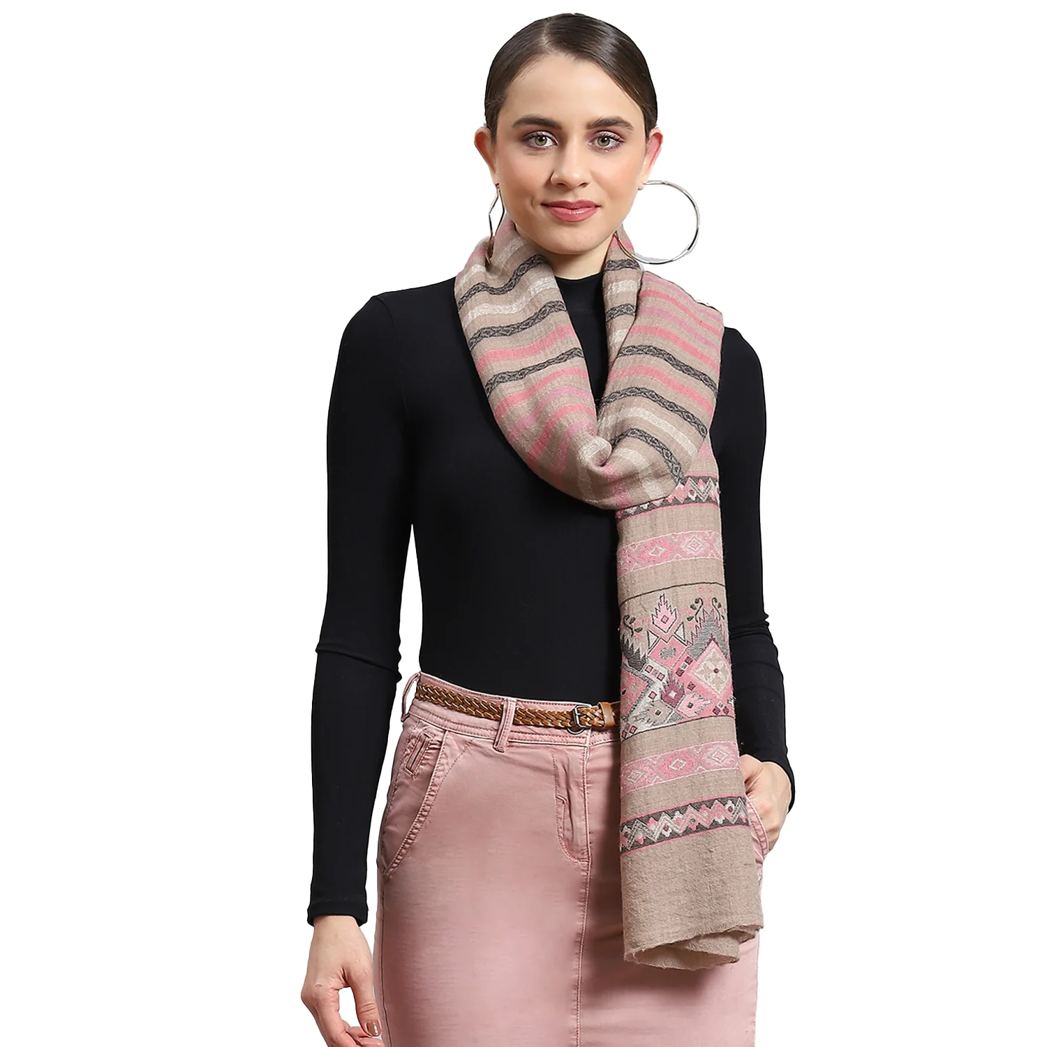Women Pink Self Design Stole - Image 5