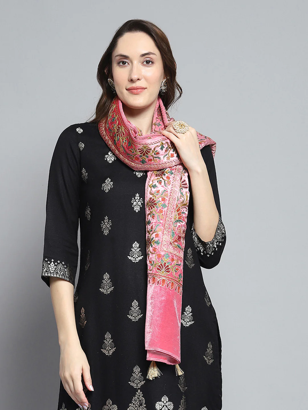 Women Pink Self Design Stole - Image 5