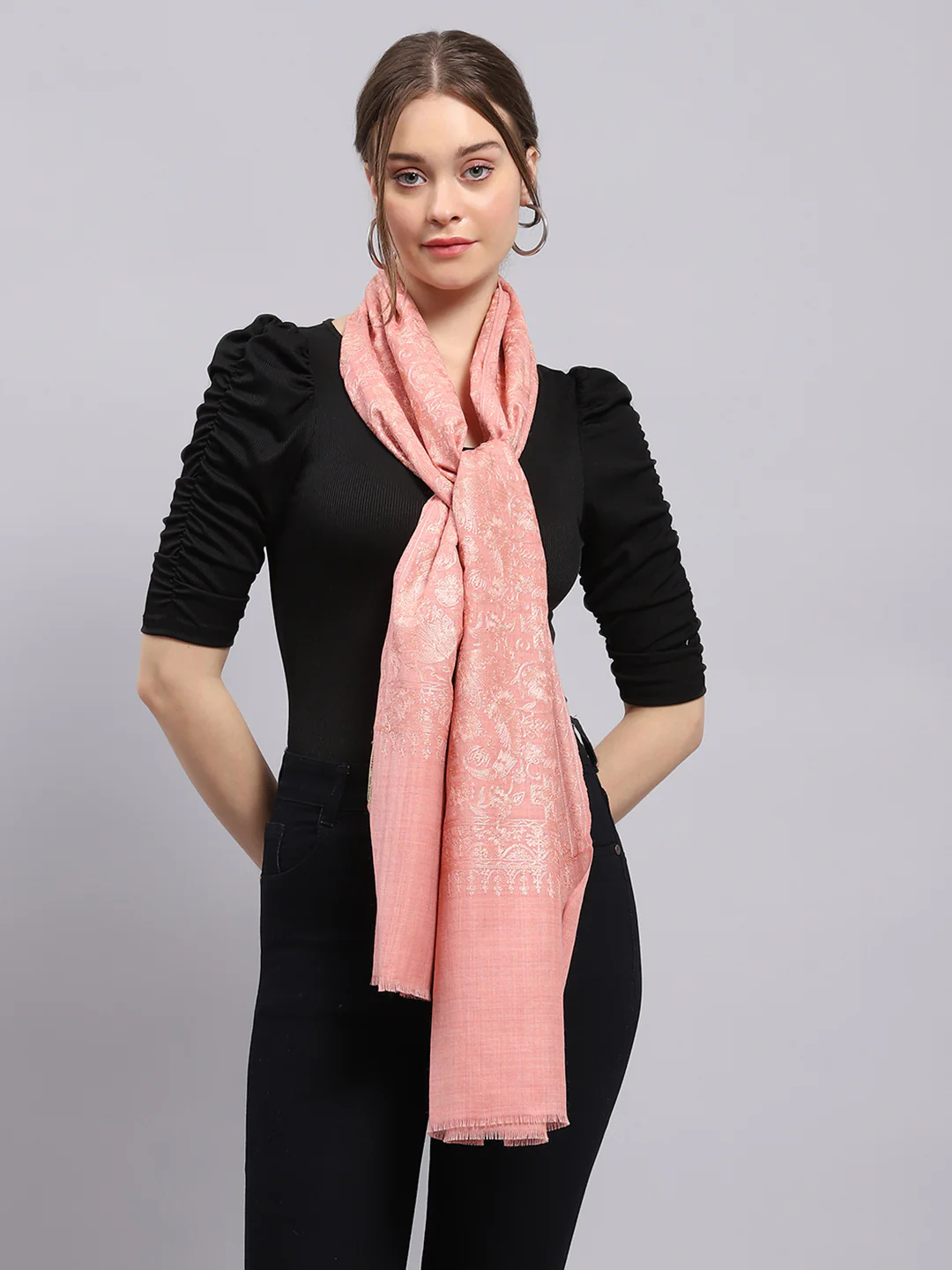 Women Pink Self Design Stole - Image 3