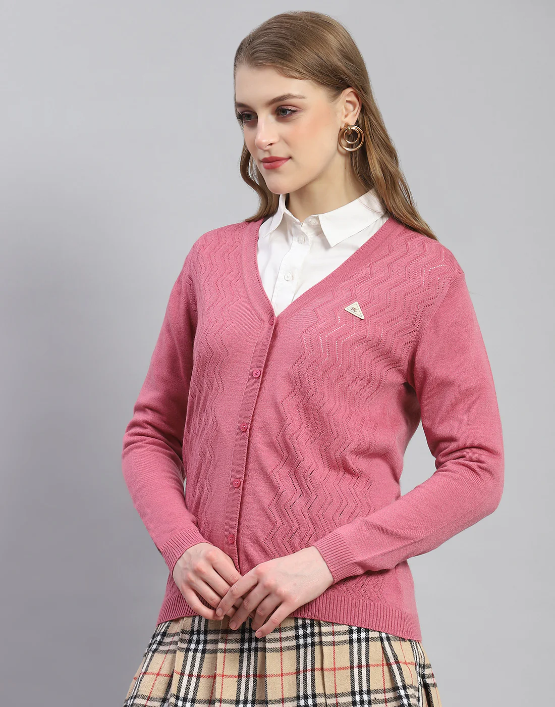 Women Pink Self Design V Neck Full Sleeve Cardigan - Image 3