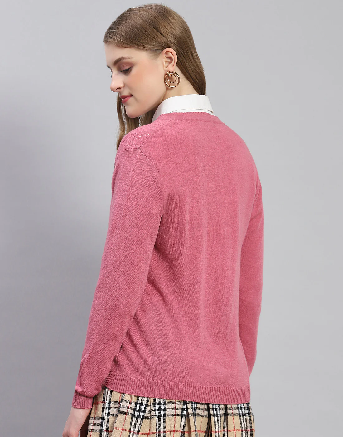 Women Pink Self Design V Neck Full Sleeve Cardigan - Image 5