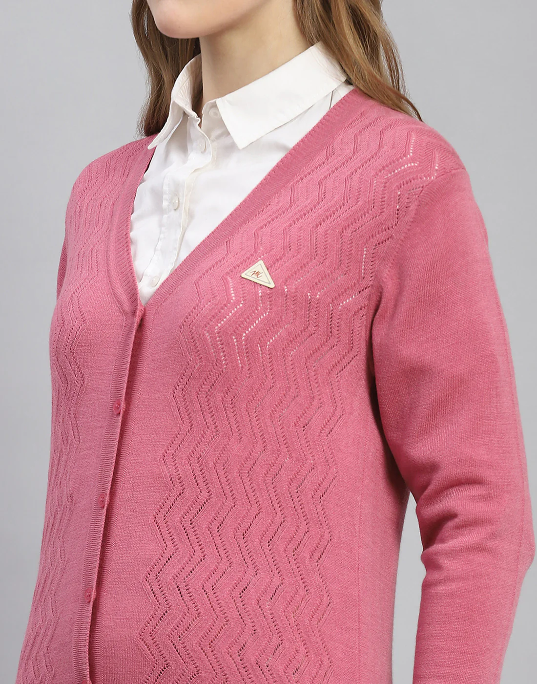 Women Pink Self Design V Neck Full Sleeve Cardigan - Image 6