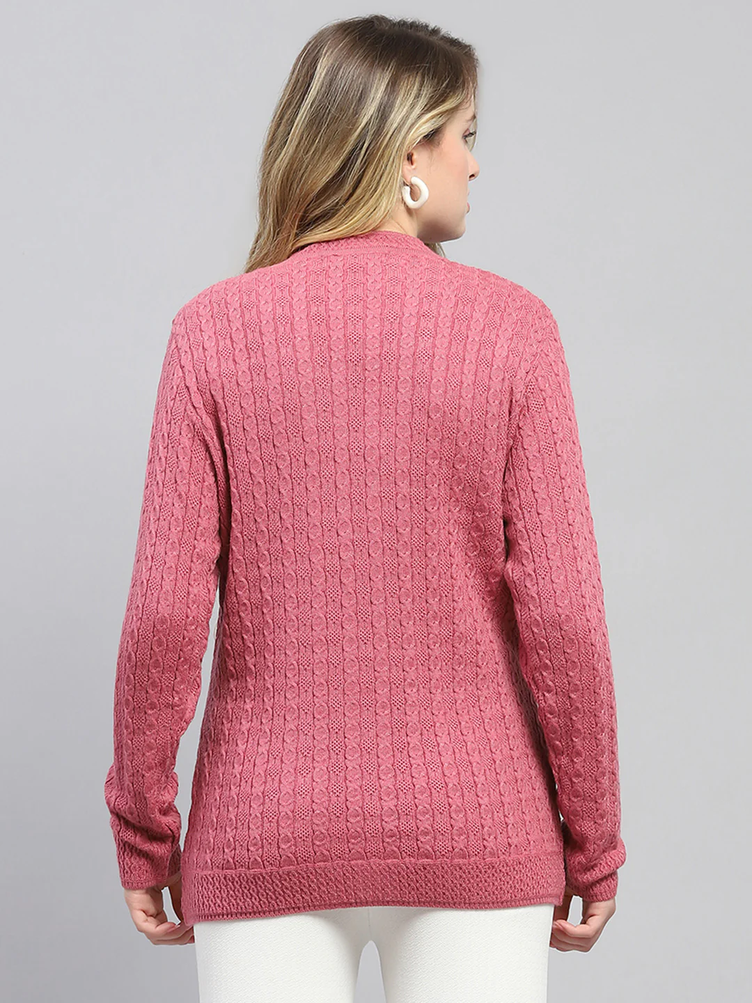 Women Pink Self Design V Neck Full Sleeve Cardigan - Image 5