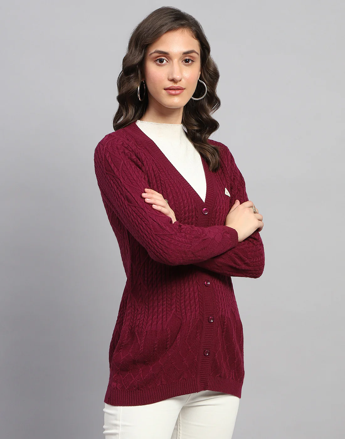 Women Pink Self Design V Neck Full Sleeve Cardigan - Image 4