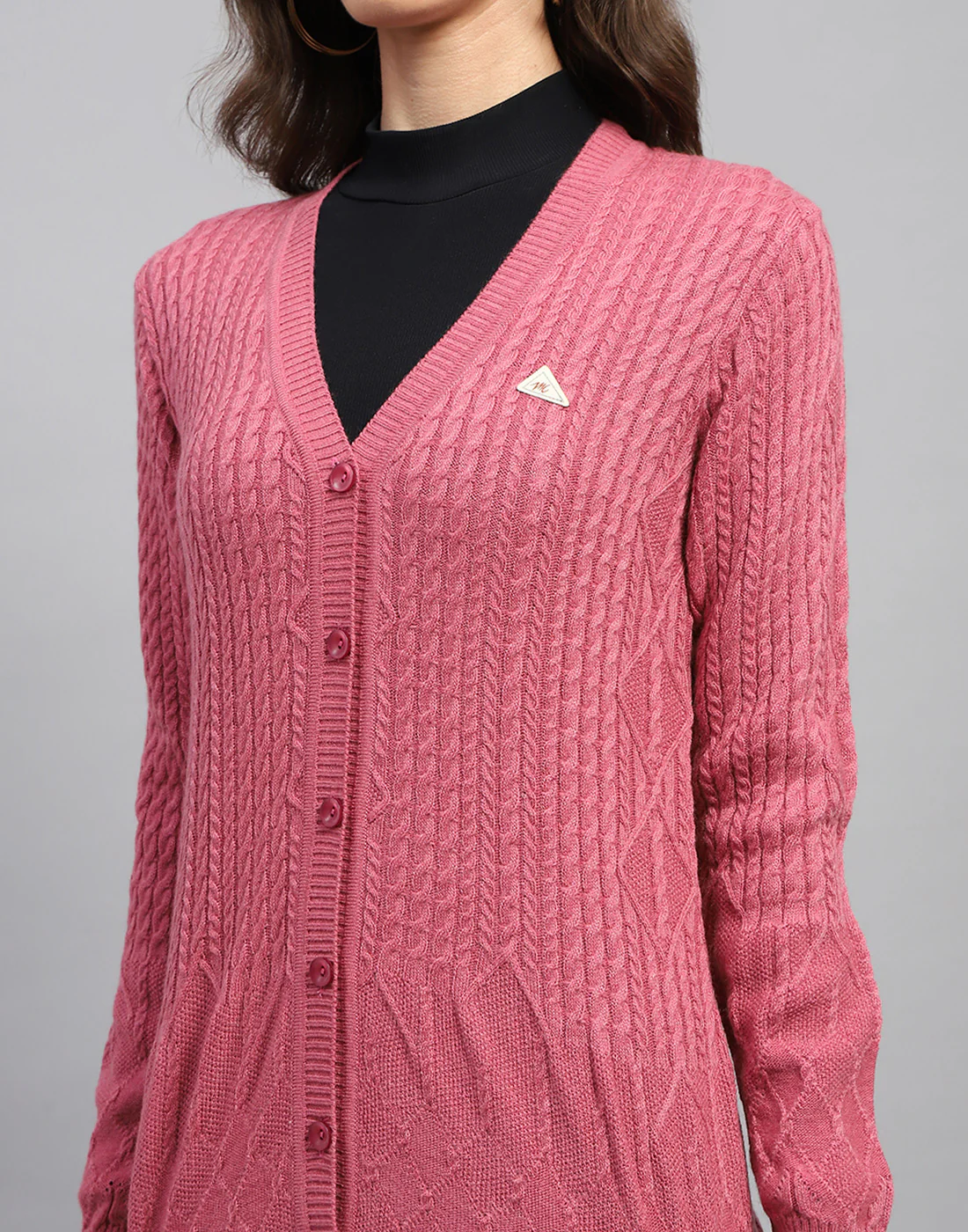 Women Pink Self Design V Neck Full Sleeve Cardigan - Image 6