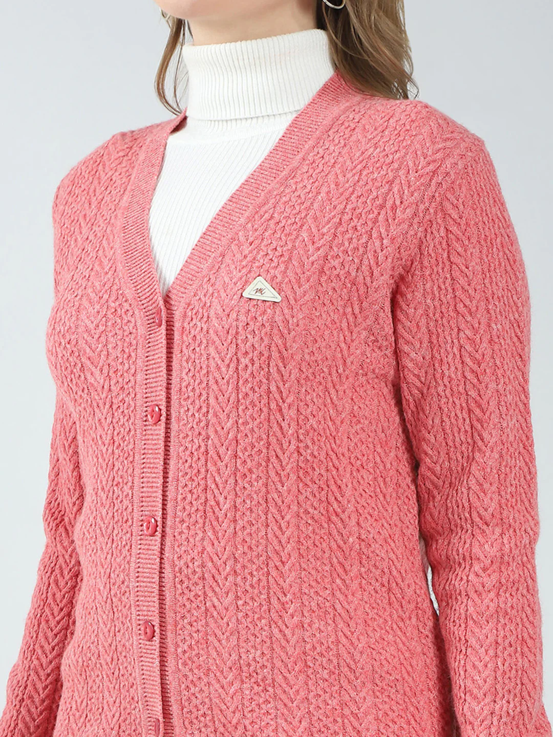Women Pink Self Design V Neck Full Sleeve Cardigan - Image 6