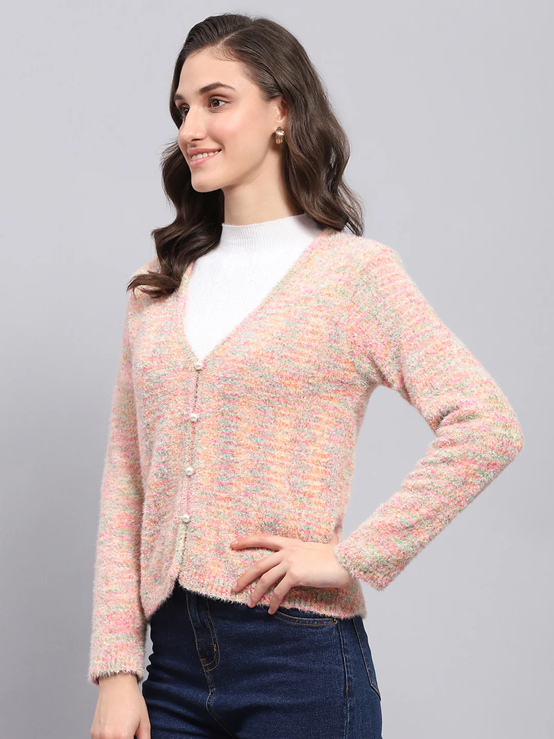 Women Pink Self Design V Neck Full Sleeve Cardigan - Image 3