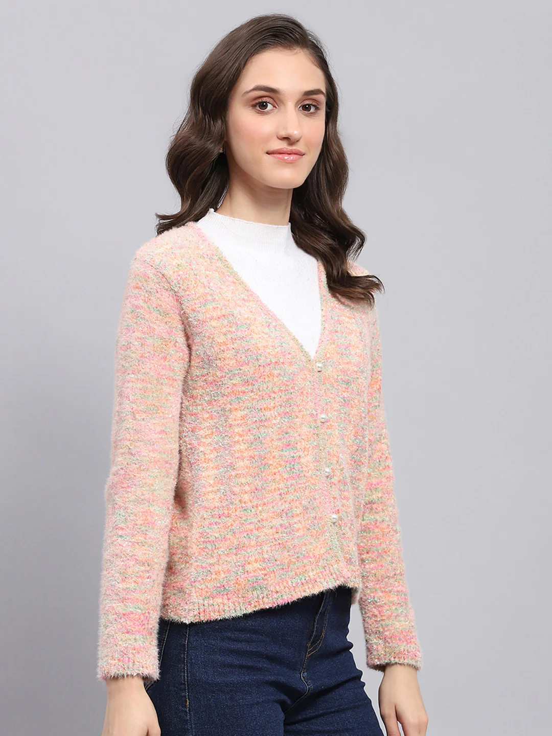 Women Pink Self Design V Neck Full Sleeve Cardigan - Image 4