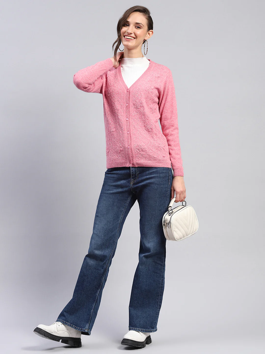 Women Pink Self Design V Neck Full Sleeve Cardigan - Image 2