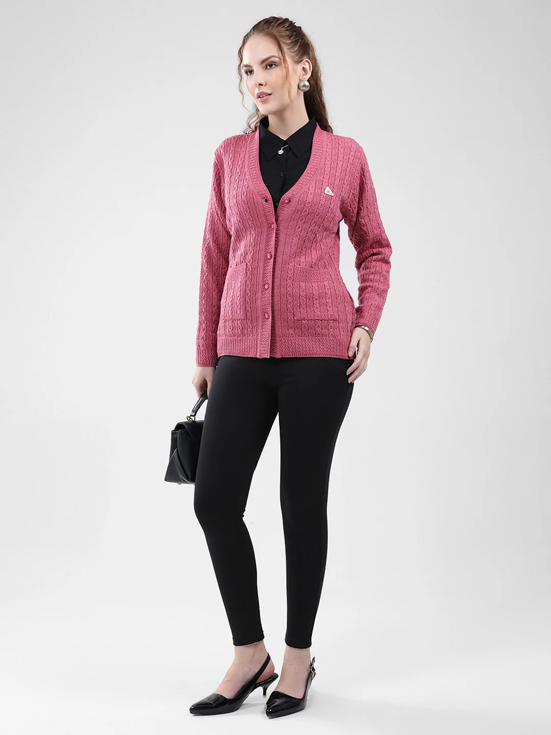 Women Pink Self Design V Neck Full Sleeve Cardigan - Image 2