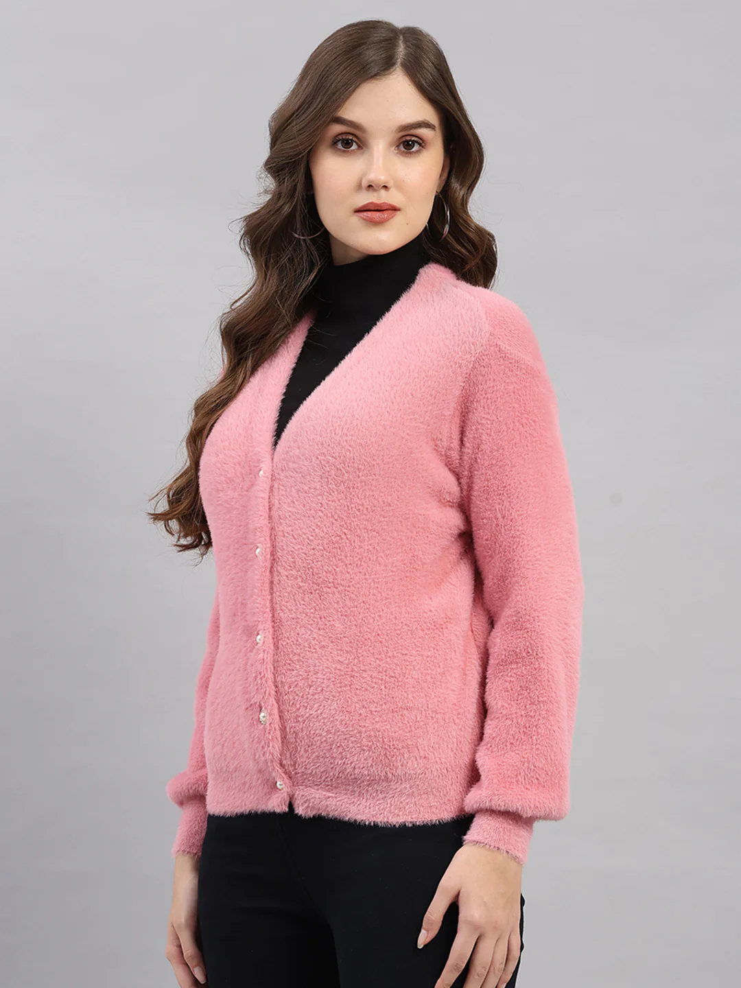 Women Pink Self Design V Neck Full Sleeve Cardigan - Image 3
