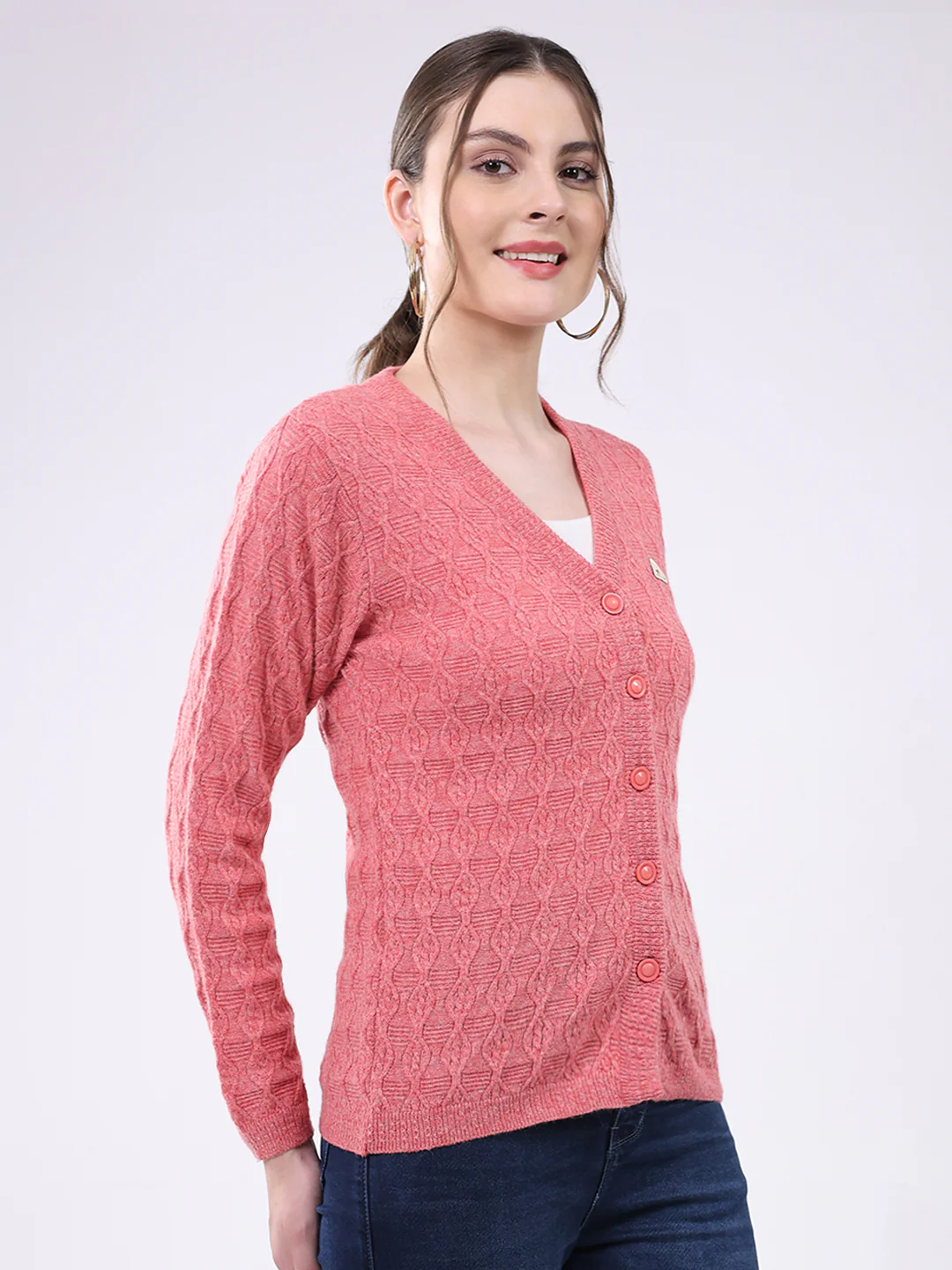 Women Pink Self Design V Neck Full Sleeve Cardigan - Image 4