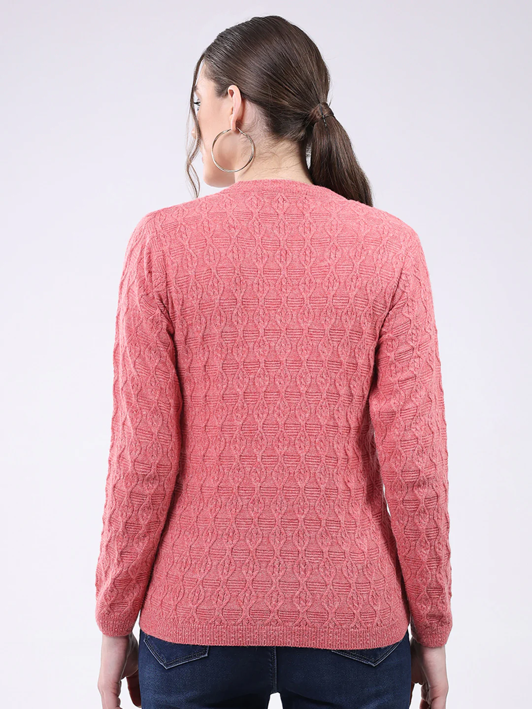 Women Pink Self Design V Neck Full Sleeve Cardigan - Image 5