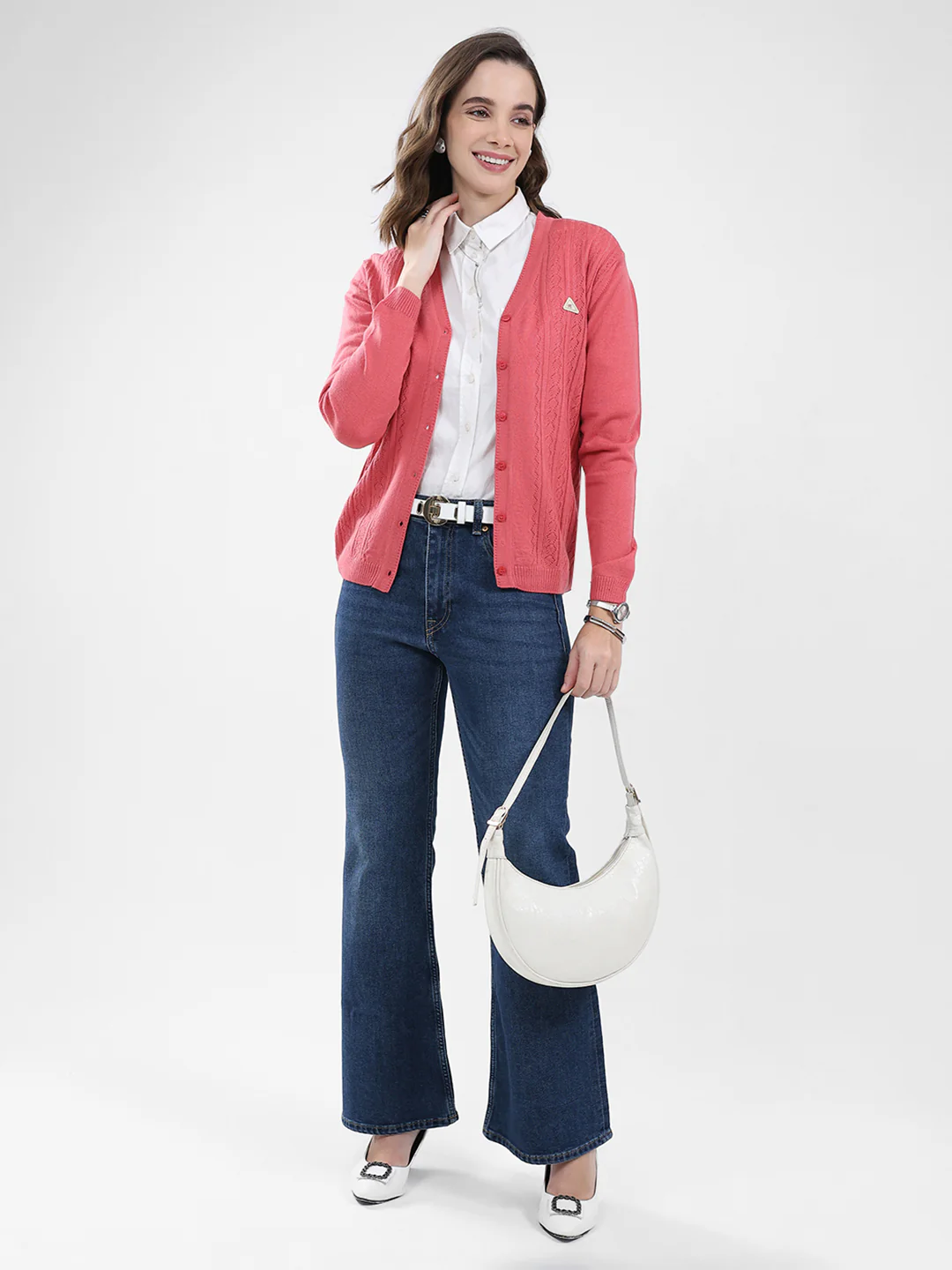 Women Pink Self Design V Neck Full Sleeve Cardigan - Image 2