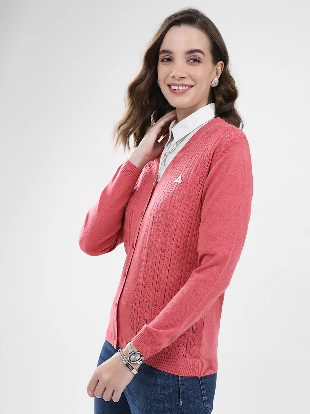 Women Pink Self Design V Neck Full Sleeve Cardigan - Image 3