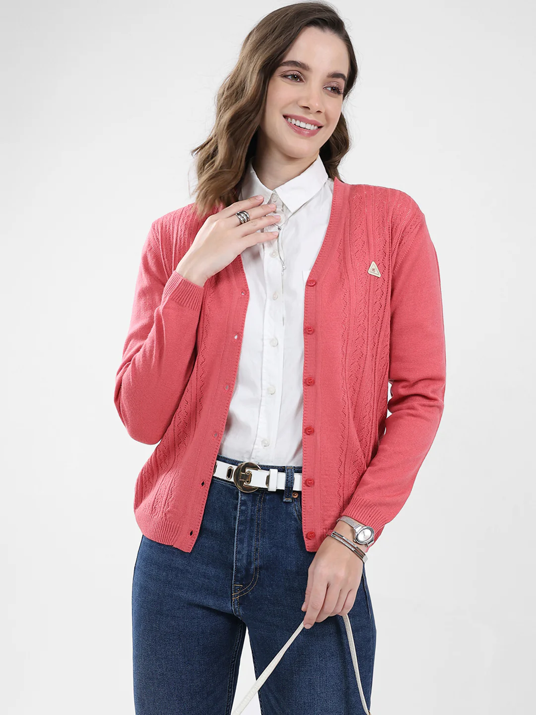 Women Pink Self Design V Neck Full Sleeve Cardigan - Image 6