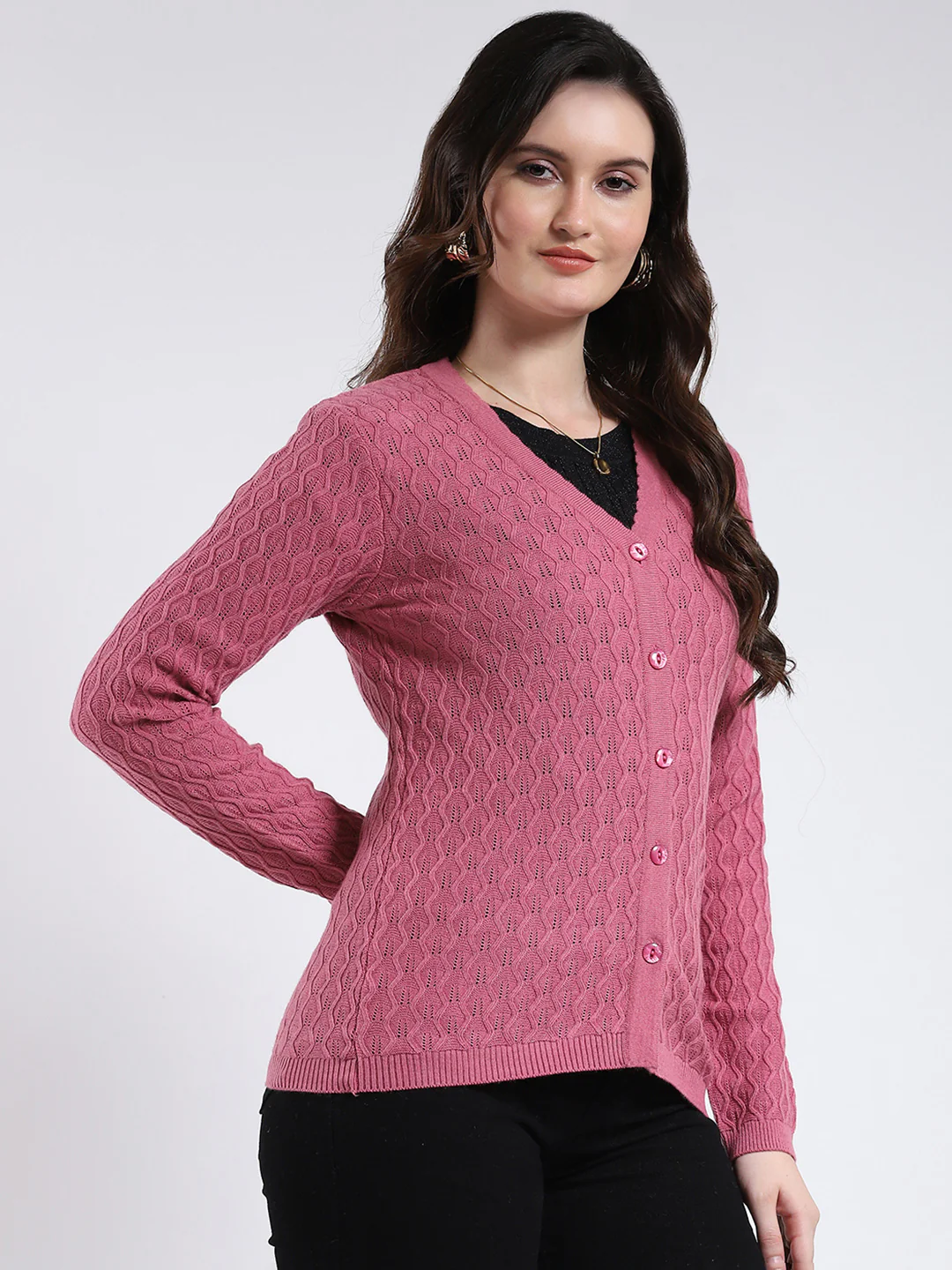 Women Pink Self Design V Neck Full Sleeve Cardigan - Image 4