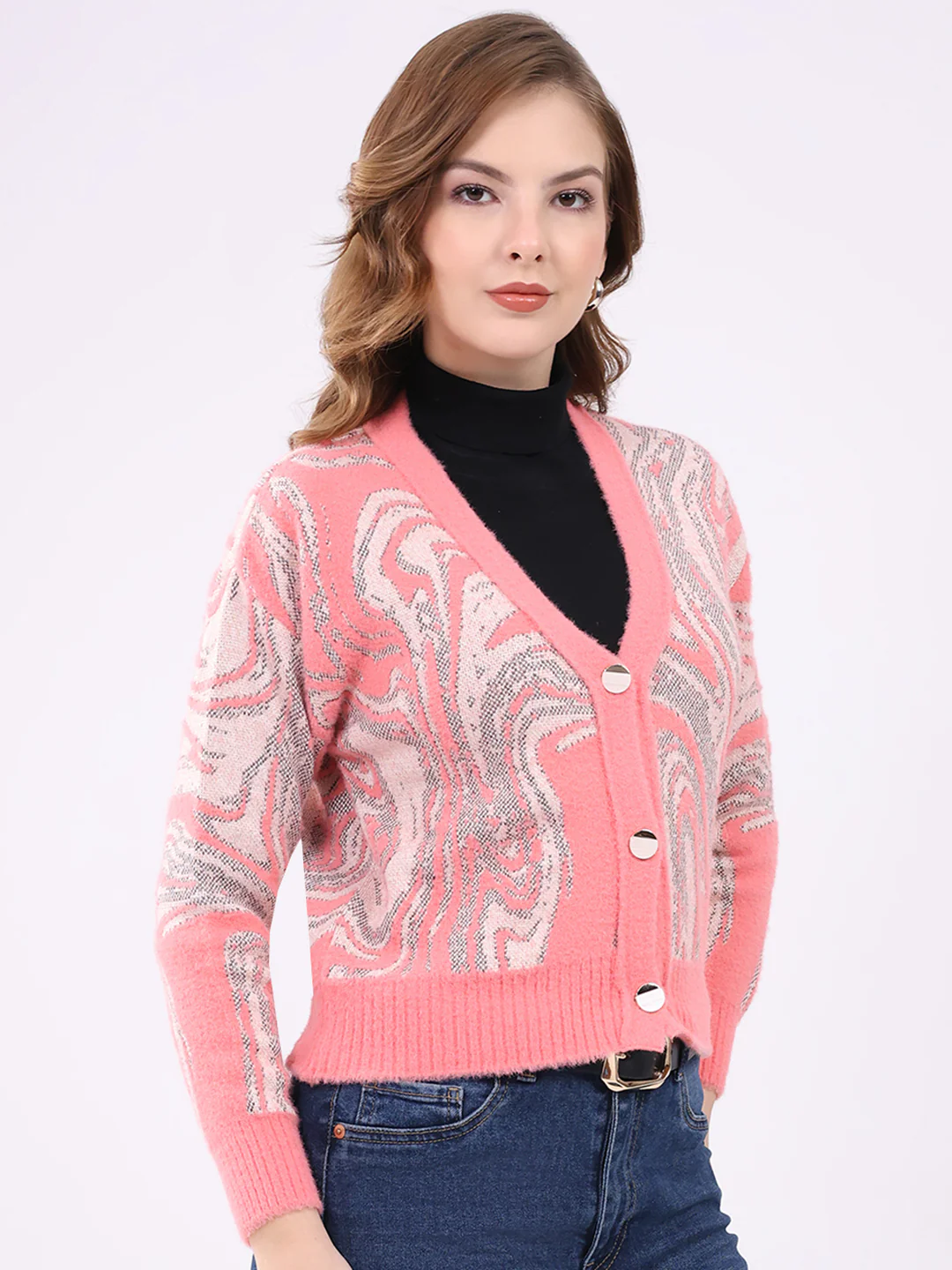 Women Pink Self Design V Neck Full Sleeve Cardigan - Image 4